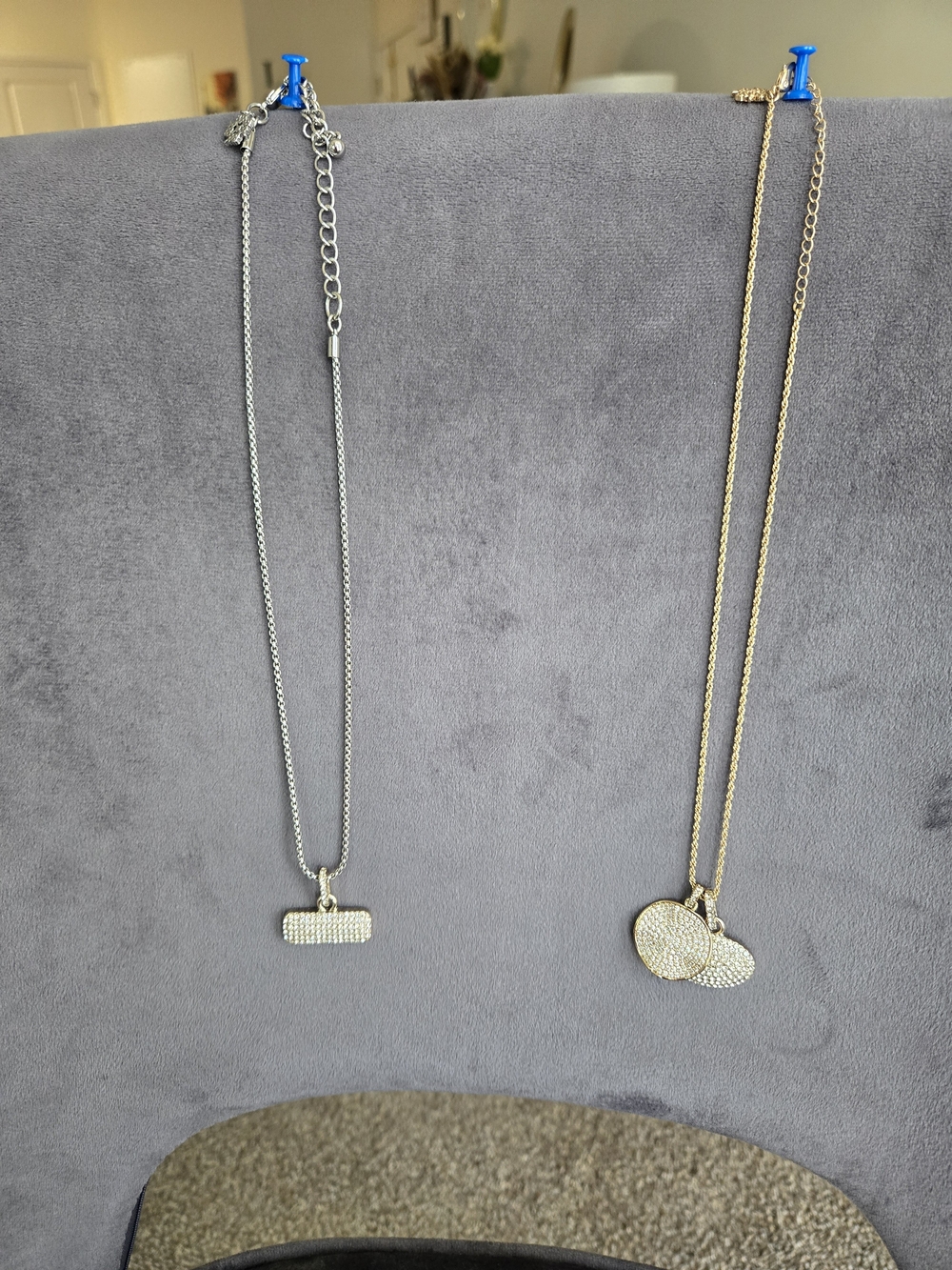 Set of 2 Pave Crystal Pendant Necklaces Gold Heart Disc Silver Bar Chain Lot